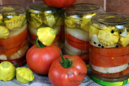 Салат из помидоров, лука и патиссонов на зиму. домашняя консервация